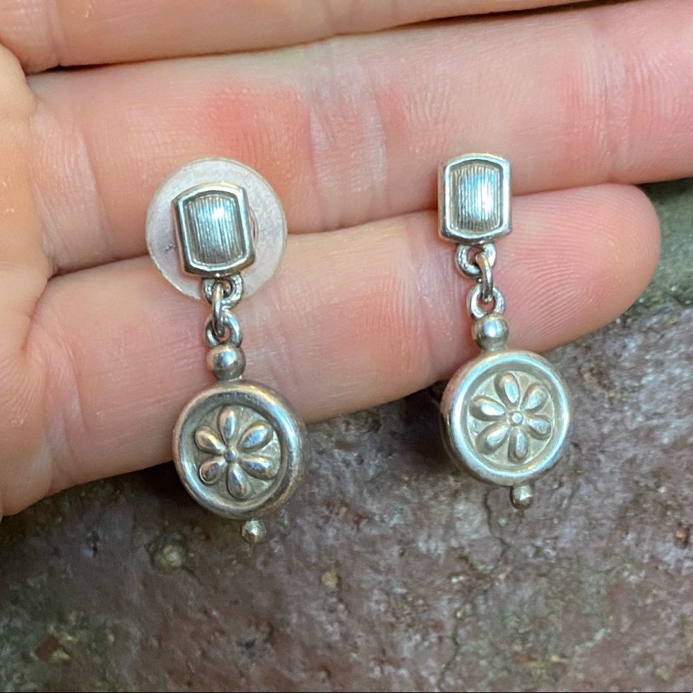 BRIGHTON vintage silver flower disc dangle post‎ earrings
